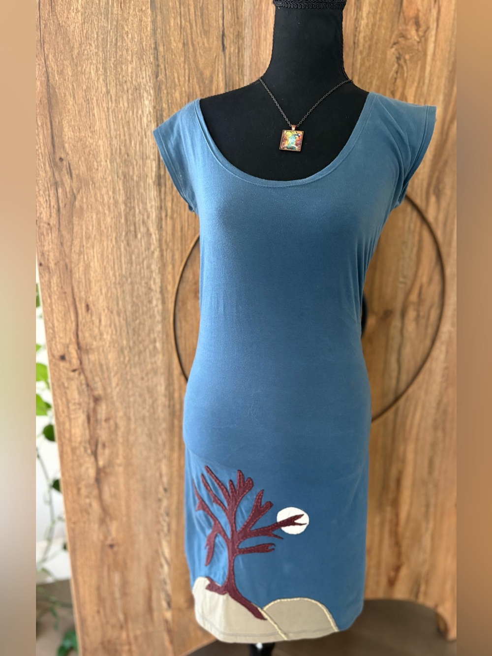 Synergy Organic Clothing Blue Cap-Sleeve Midi Dress with Embroidered Hem